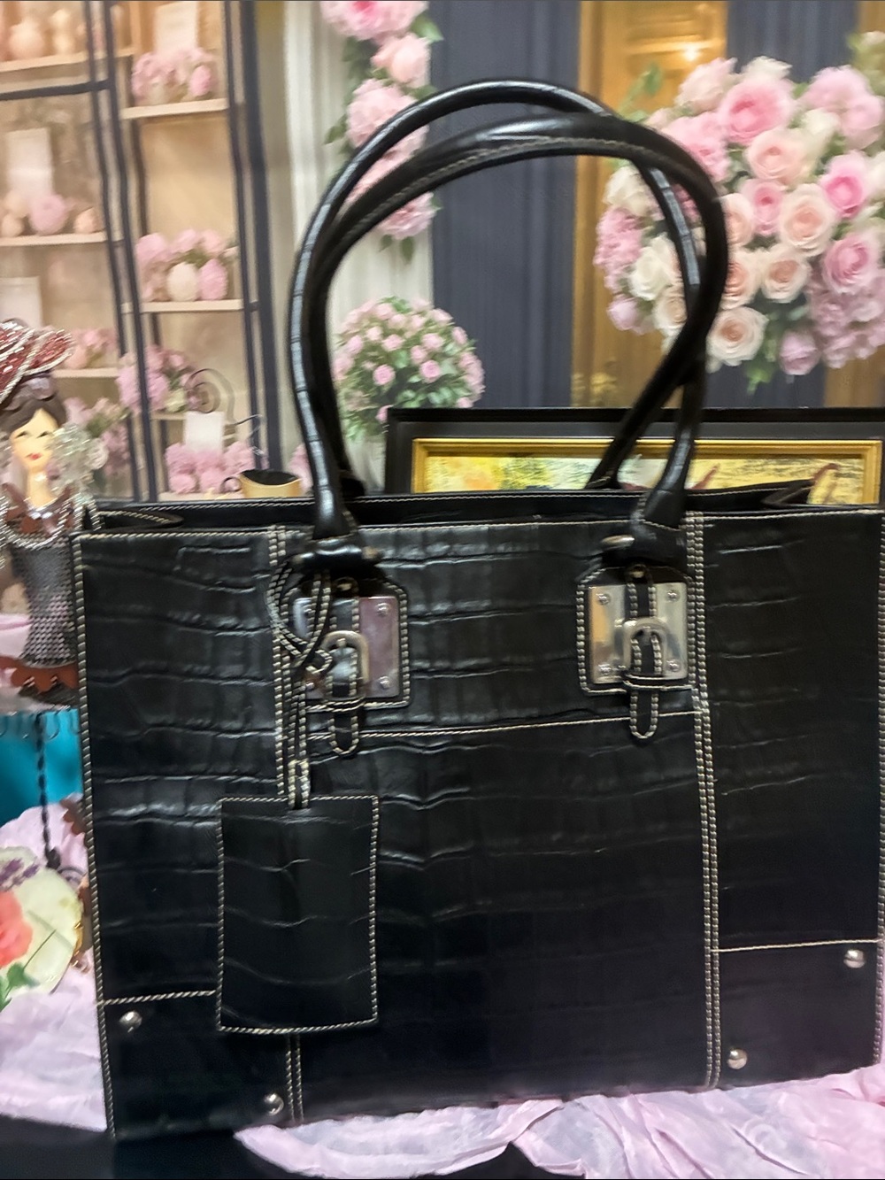 Classic Black Wilson’s Leather Croc-Embossed Tote Bag - Women's Briefcase